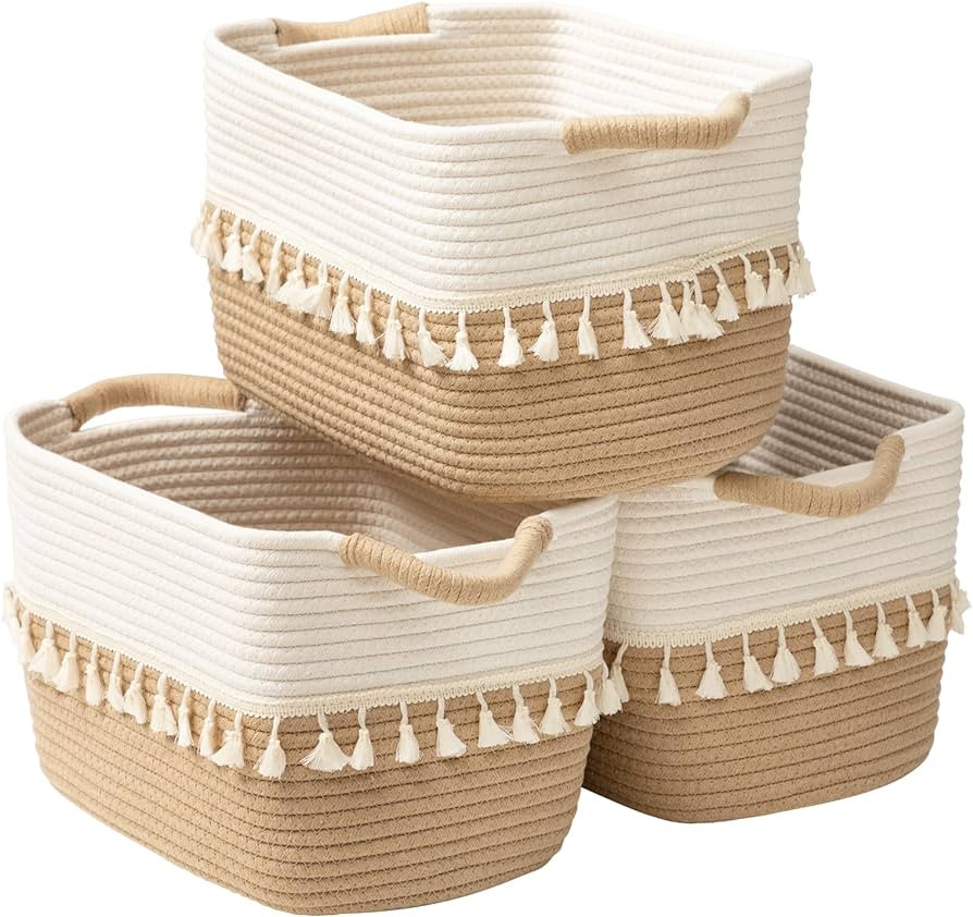 TeoKJ Woven Storage Bin Set of 3, Cotton Rope Basket for Storage, Clothes Boho Storage Basket Bin... | Amazon (US)