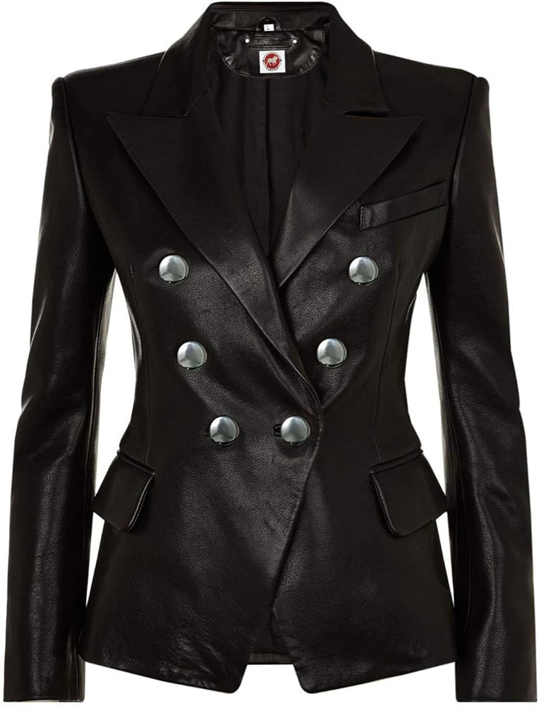 Takitop Cleopatra Black Coat Double-Breasted Blazer Genuine Leather Jacket Women | Amazon (US)