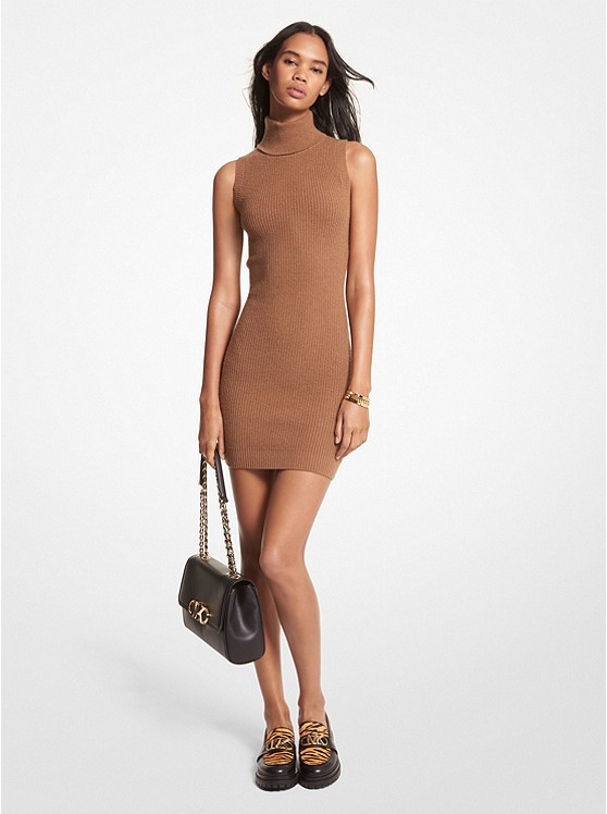 Ribbed Wool and Cashmere Blend Sleeveless Turtleneck Dress | Michael Kors US