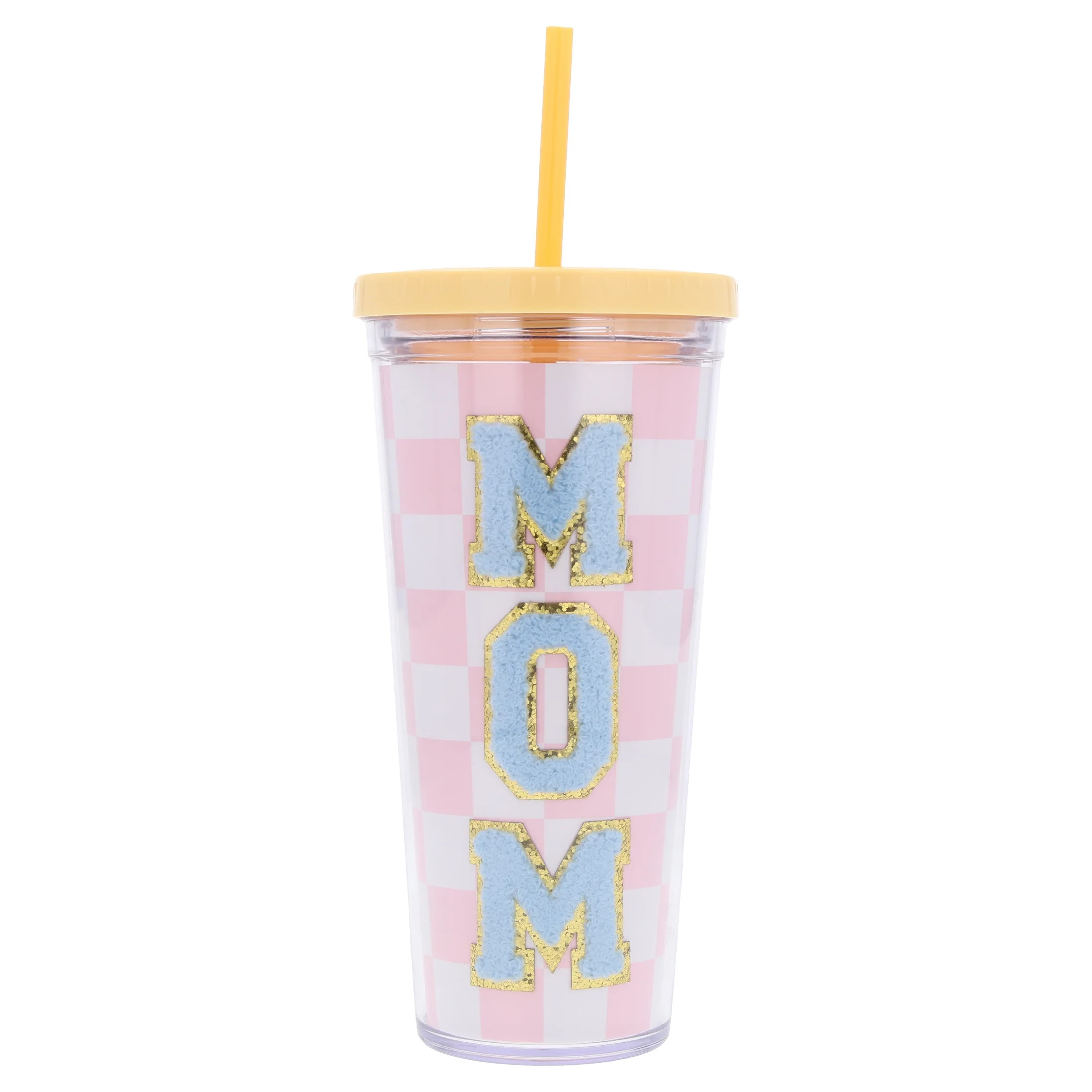Checkered Mom Patch Tumbler with Straw, Pink, 24 oz, Mother's Day by Way To Celebrate | Walmart (US)