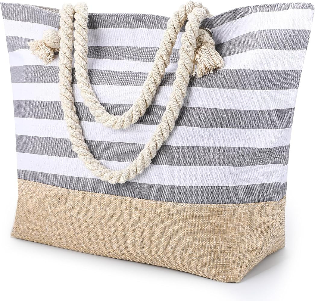 ViEinkaufen Waterproof Beach Bag,Beach Bags for Women with Zipper,Summer Tote Bags Canvas Stripe ... | Amazon (UK)