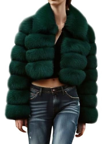 loveimgs Women Fluffy Faux Fur Coat Cropped Jacket Puffer Jacket Zip Up Winter Warm Fuzzy Teddy Jacket (X-Small,Army green) | Amazon (US)