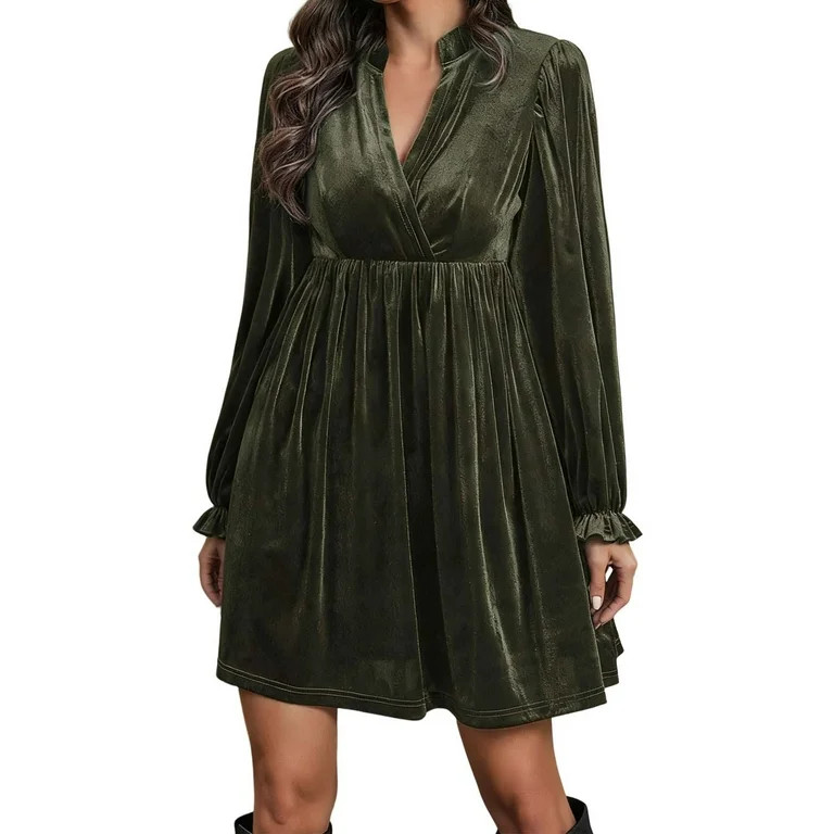 Women's Christmas Dresses Velour Long Sleeve Womens Dresses Womens Green Dress A-line Formal Dres... | Walmart (US)