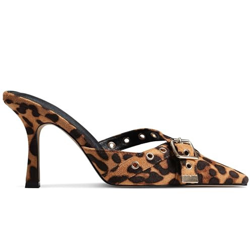 AMINUGAL Leopard Mules Heels for Women Pointed Closed Toe Kitten Heels Pumps Buckle Slip On Mules Studded Pointy Stiletto Heels Party Dress Vintage Pumps Pointy Kitty Heels for Women Size 9.5 | Amazon (US)