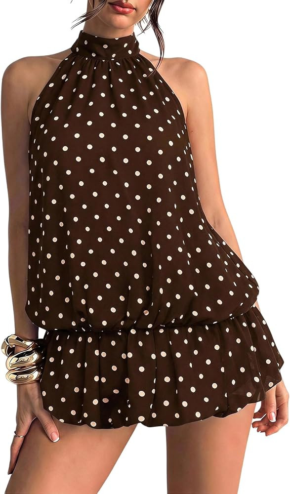 Floerns Women Backless Sleeveless Ruffle Bubble Hem Mesh Halter Mini Dress | Amazon (US)