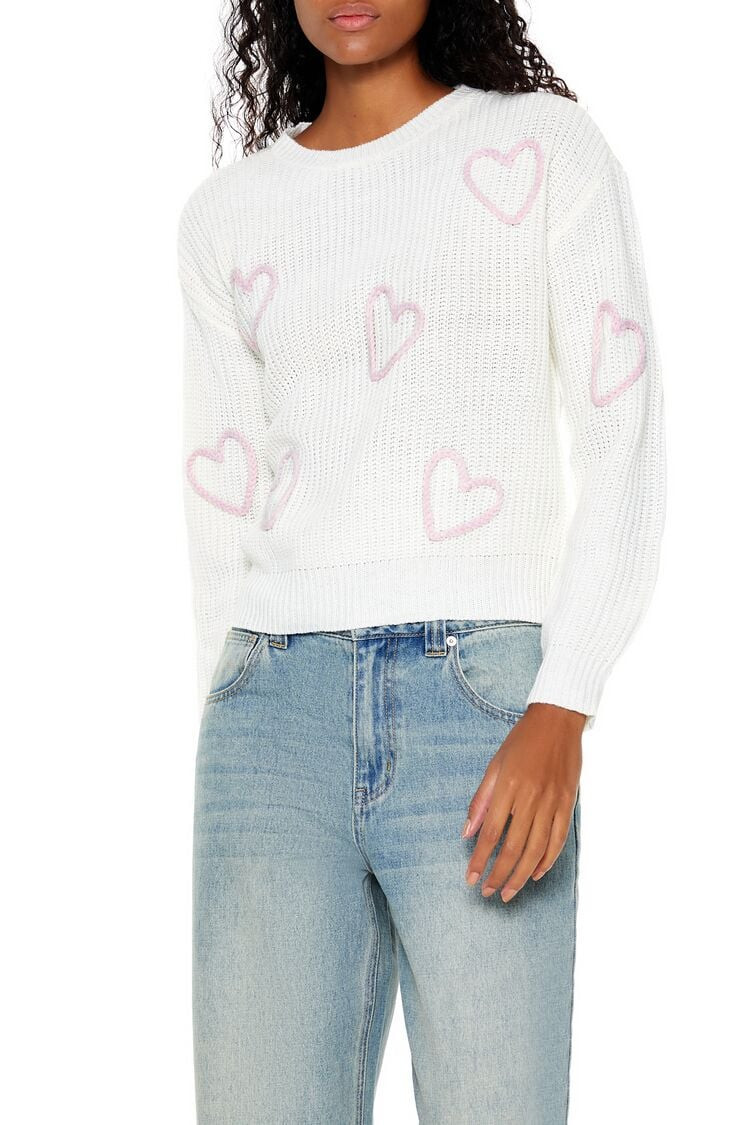 Women's Heart Drop-Sleeve Sweater in White/Pink Medium | Forever 21