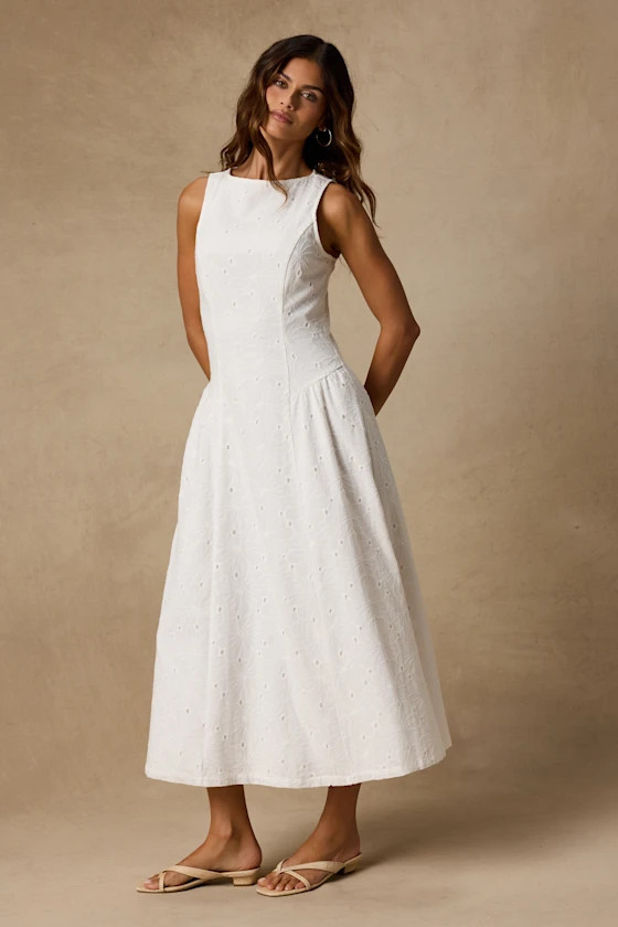 Dandelion White Eyelet Embroidered Drop Waist Midi Dress | Lulus
