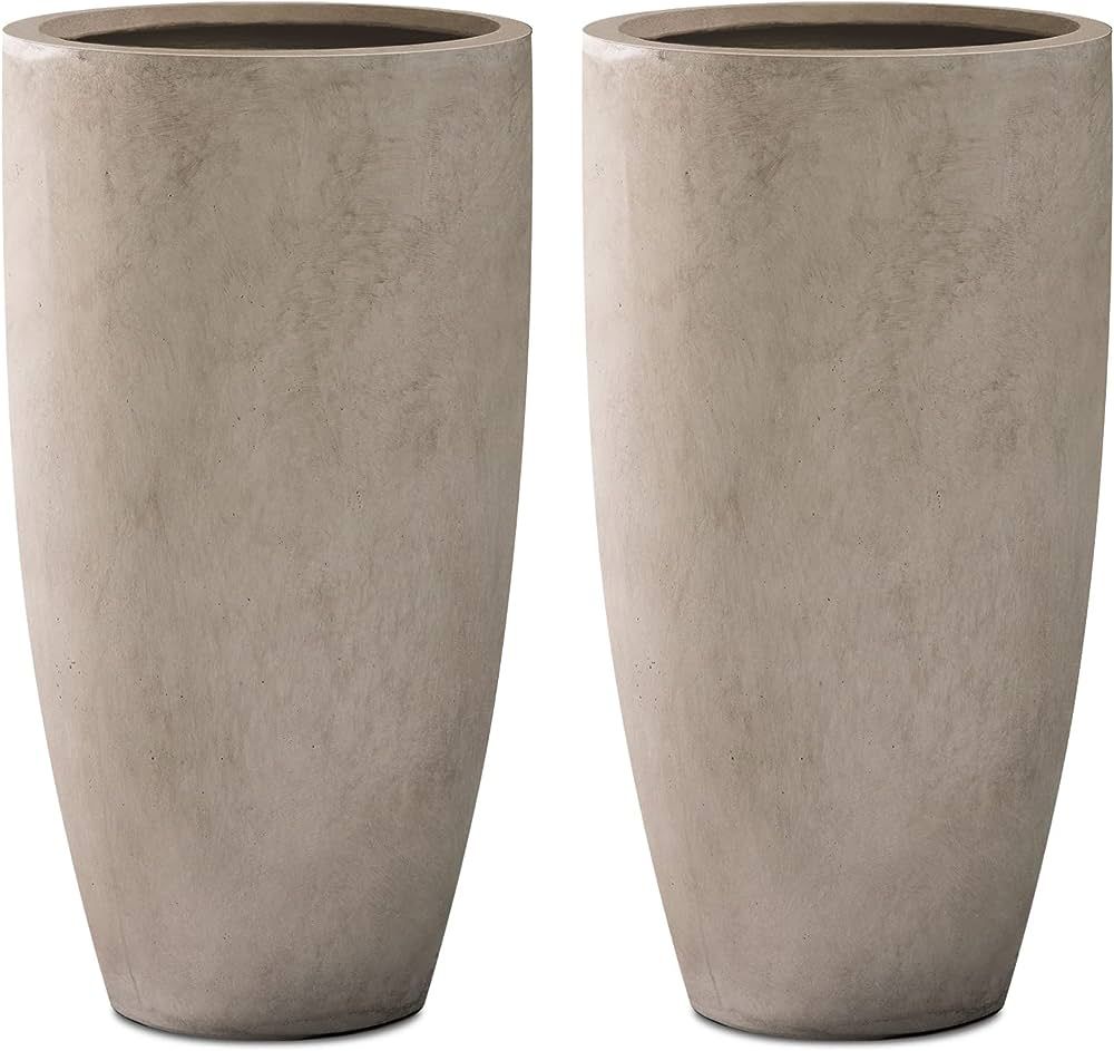 Plantara Round Tall Concrete/Fiberglass Indoor & Outdoor Lightweight Decorative Plant Pots with D... | Amazon (US)