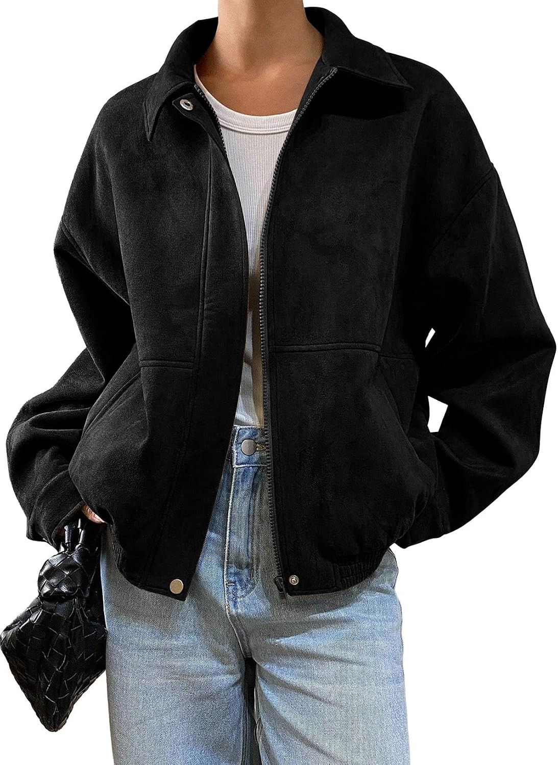 SHEWIN Women's Faux Suede Bomber Jacket Oversized Zip Up Cropped Coat | Amazon (US)