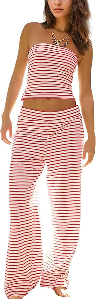 MISSACTIVER Women Sailor Tube Set 2 Piece Striped Outfits Strapless Crop Bandeau Elastic Waist Wi... | Amazon (US)