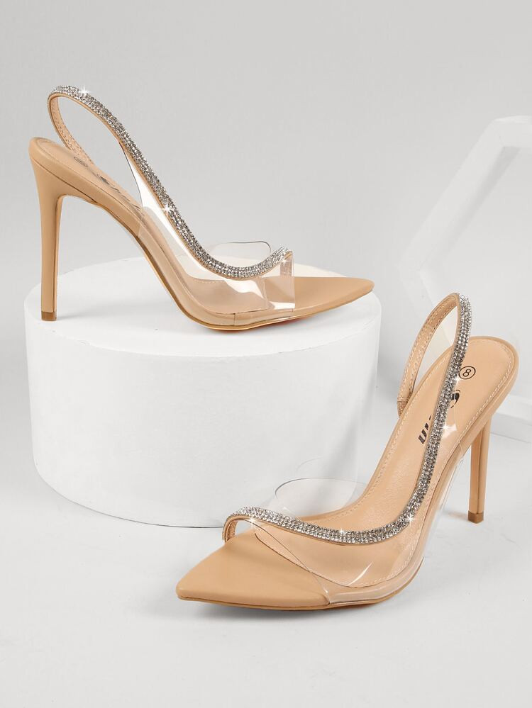 Rhinestone Open-Toe Slingback Stiletto Heels | SHEIN