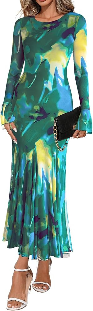 Lazysmile Women's Long Sleeve Floral Maxi Dresses Fall Formal Crewneck Bodycon Mesh Ruffle Weddin... | Amazon (US)