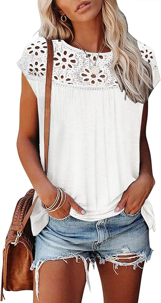 Womens Chic Hollow Summer Tops Cap Sleeve Tank Top Loose Fit T-Shirt | Amazon (US)