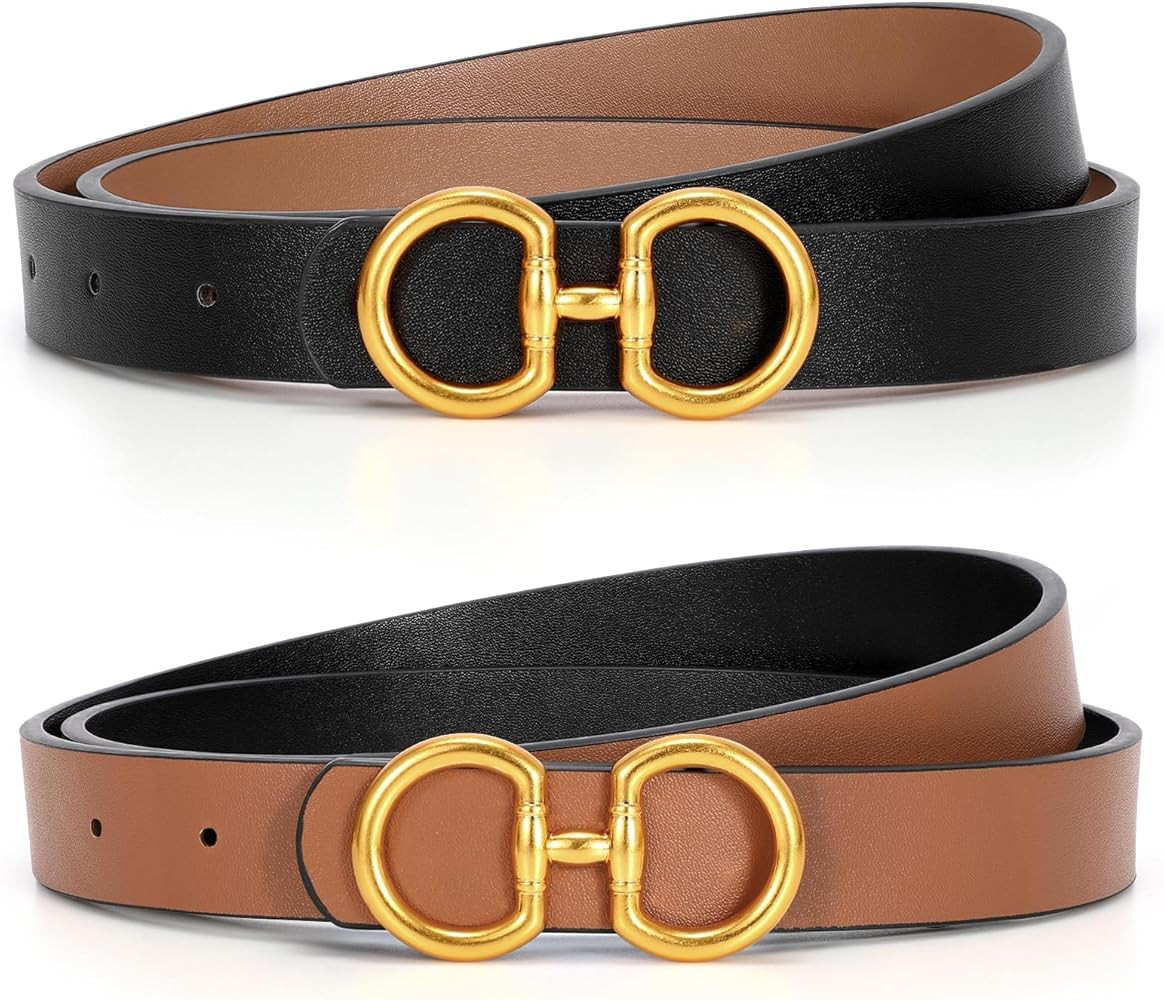 CESCOSI Women Skinny Reversible Leather Belt for Jeans Pants Gold Buckle Thin Ladies Fashion Belt | Amazon (US)