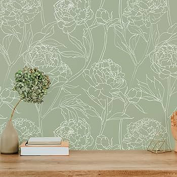 VEELIKE Sage Green Sketch Peonies Wallpaper Peel and Stick Vintage Floral Wallpaper for Bedroom B... | Amazon (US)