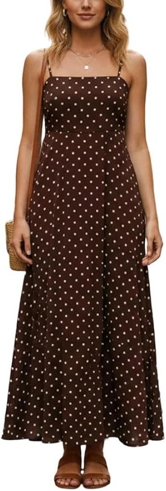 Women Summer Beach Long Dress Vintage Dot Print Sleeveless Spaghetti Strap Backless A Line with P... | Amazon (US)