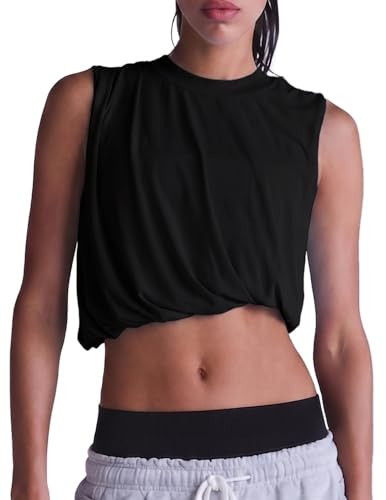 Fenclushy Womens Workout Tank Tops Running Tank Tops Summer Loose Twist Tank Tops Athletic Gym Crop Sleeveless Shirts(Black,XL) | Amazon (US)