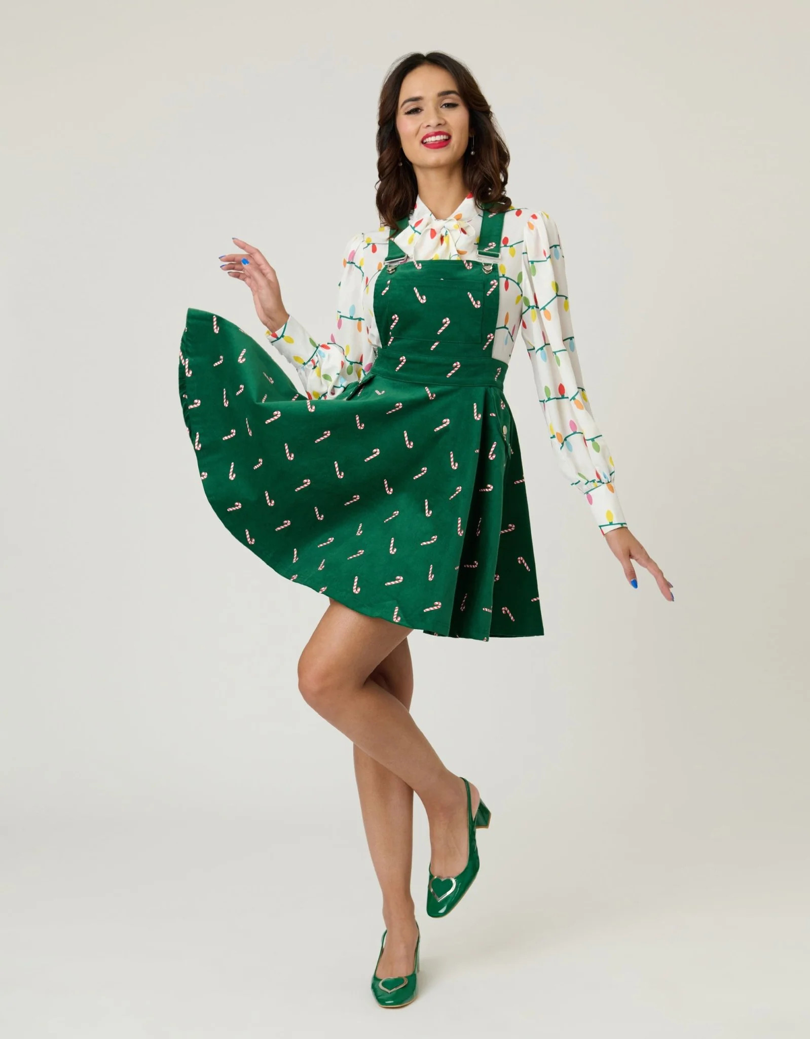 Unique Vintage Green & Candy Cane Stamp Brionne Pinafore Skirt | UniqueVintage