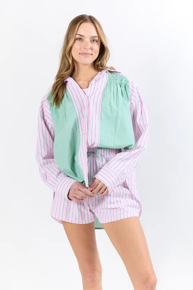 Palm Grove Light Pink and Green Multi Stripe Button Down Shirt | Pink Lily