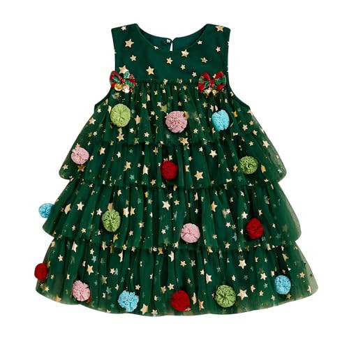 Toddler Baby Girl Christmas Outftis Star Sequin Sleeveless Layered Tulle Tutu Dress Plush Ball Green X-mas Tree Dress (Green A, 1-2 Years) | Amazon (US)