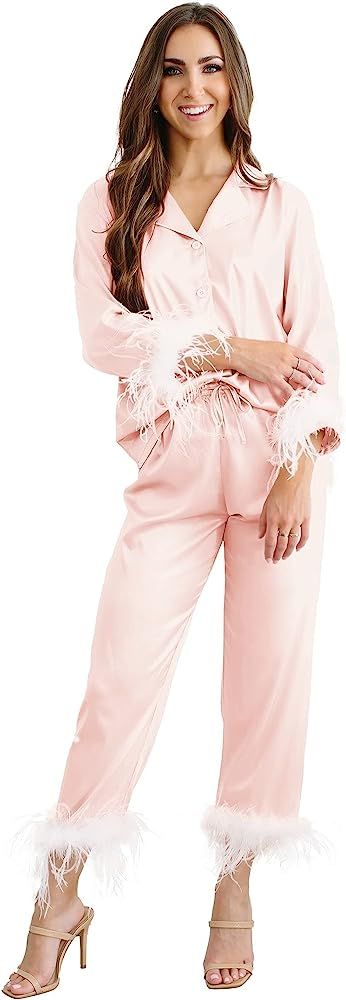 Belle's Design Women's Feather Trim Silk Satin Pajama Button Down Long Sleeve and Pants Set Sleepwea | Amazon (US)