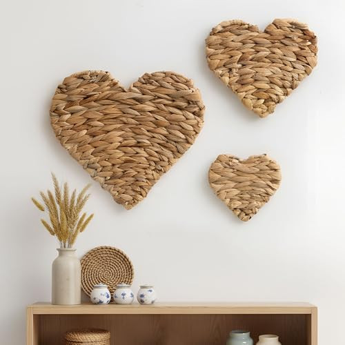 Leinuosen 3 Pcs Valentine's Day Heart Boho Wall Decor Heart Handmade Water Hyacinth Wicker Rustic... | Amazon (US)