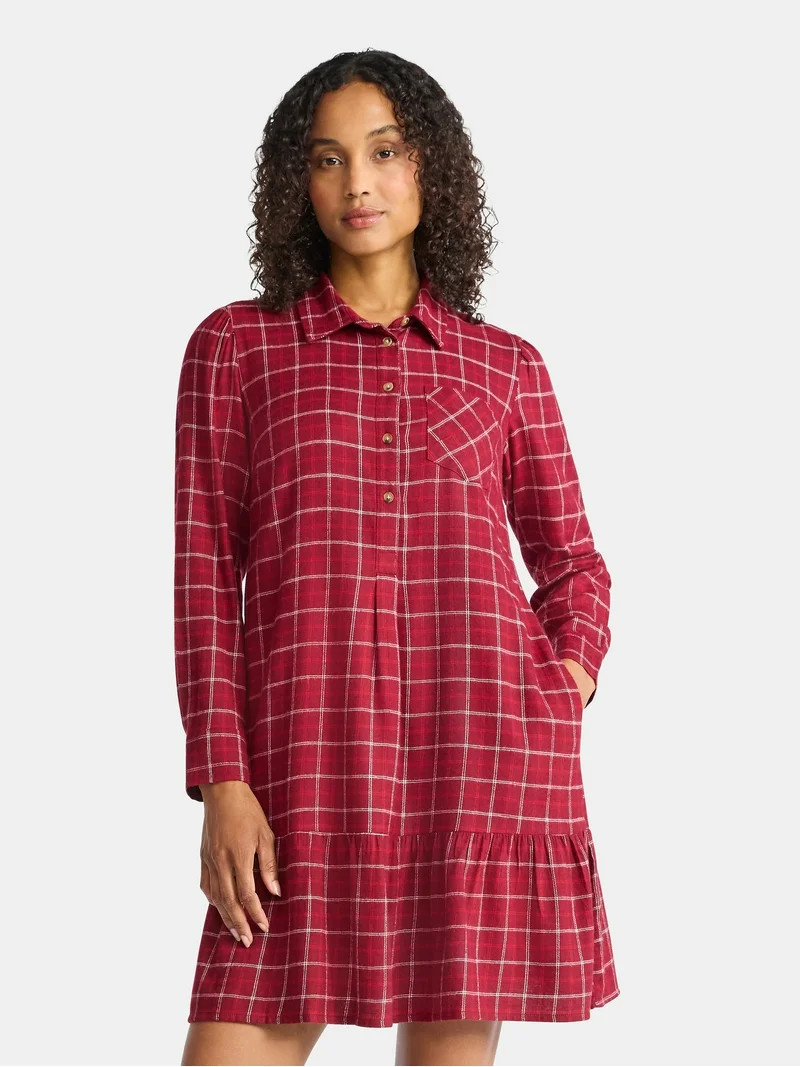 Time and Tru Women's Plaid Mini Dress with Long Sleeves, Sizes XS-XXXL | Walmart (US)