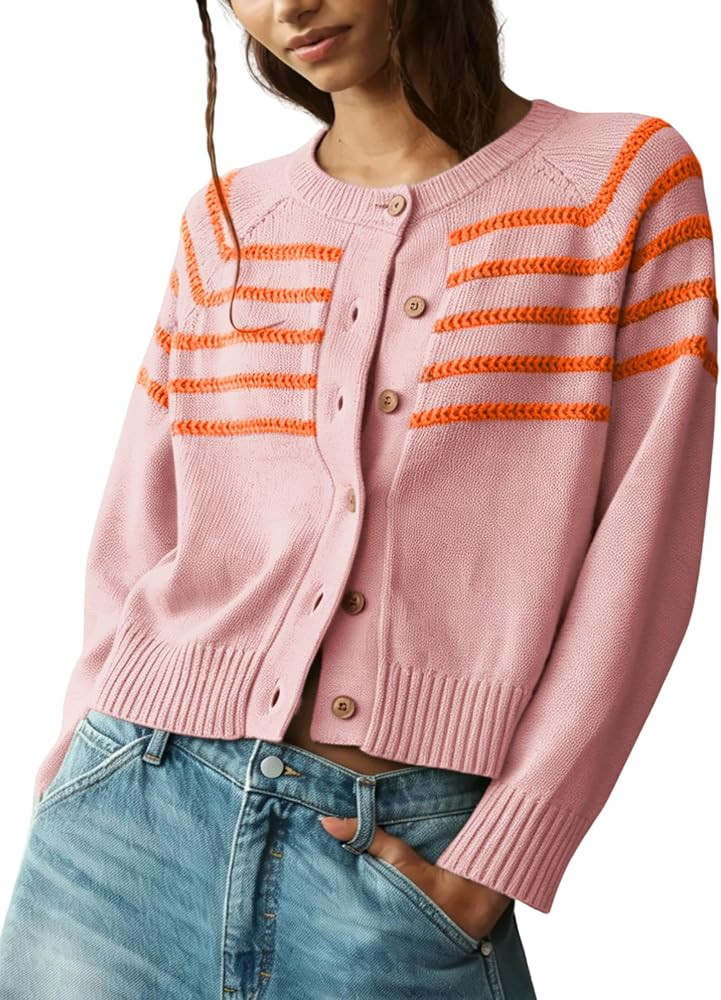 QIBABU Womens Striped Cardigan Sweater Casual Long Sleeve Knit Outwear | Amazon (US)