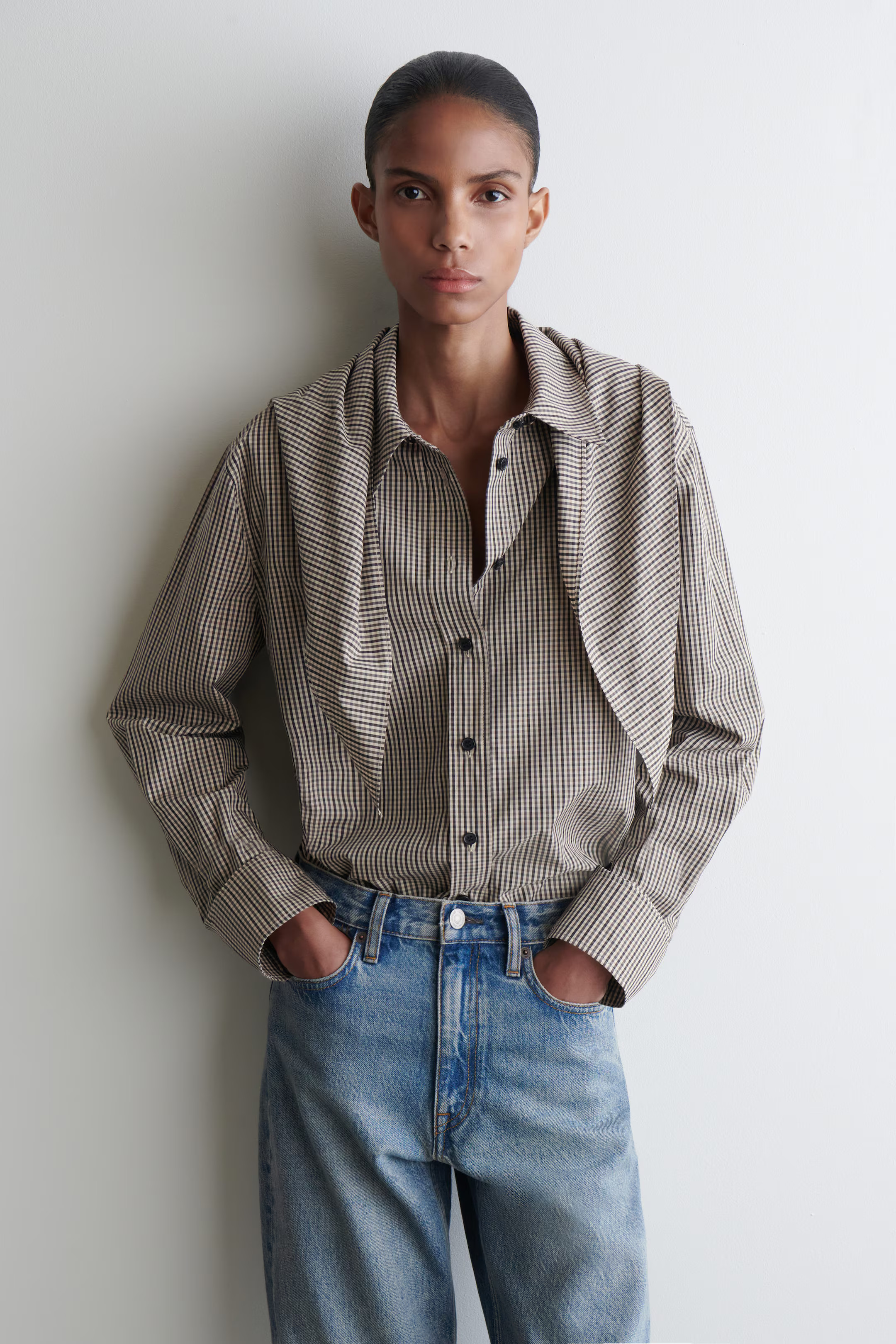 CHECKED SCARF-DETAIL SHIRT - BEIGE / CHECKED | COS US | COS (EU)