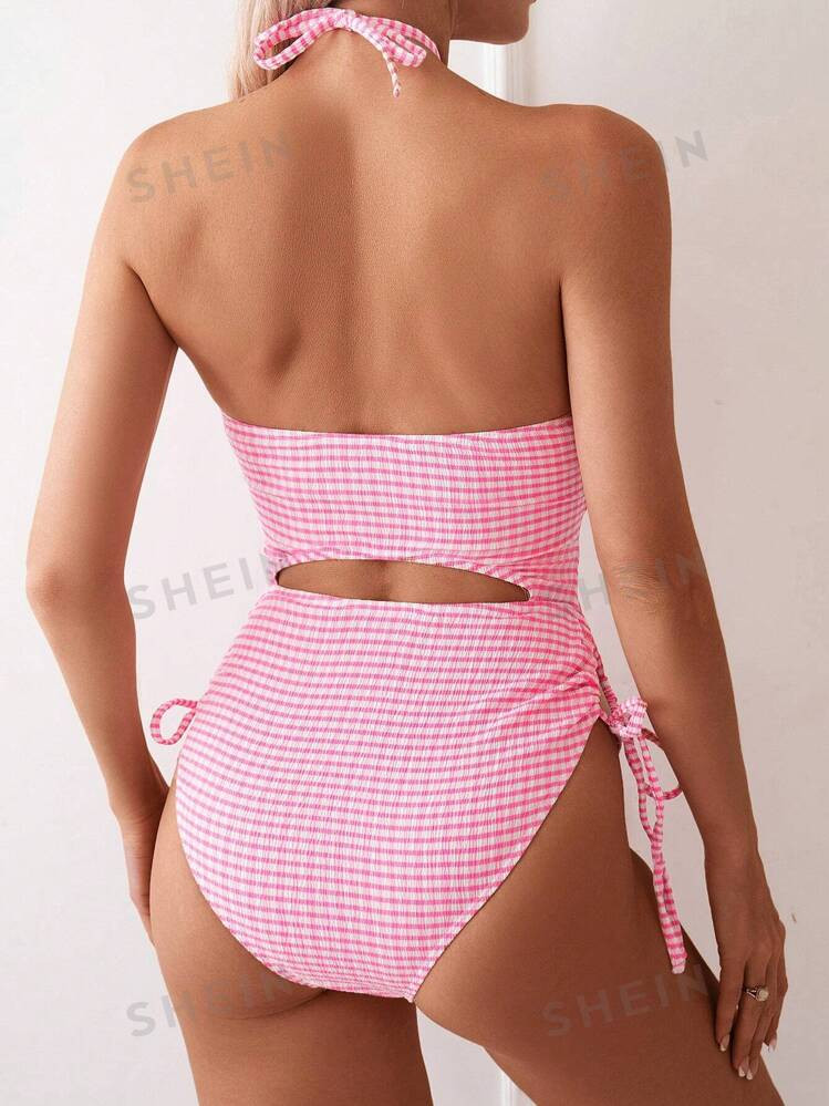 SHEIN Swim Mod Women's Summer Beach Checkered Printed Hollow Out Halter Neck Drawstring One-Piece... | SHEIN