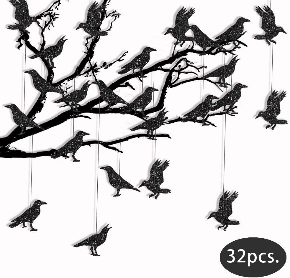 Amazon.com: Cheerland Glitter Black Crow Decorations for Halloween Party Decoration Flying Hangin... | Amazon (US)