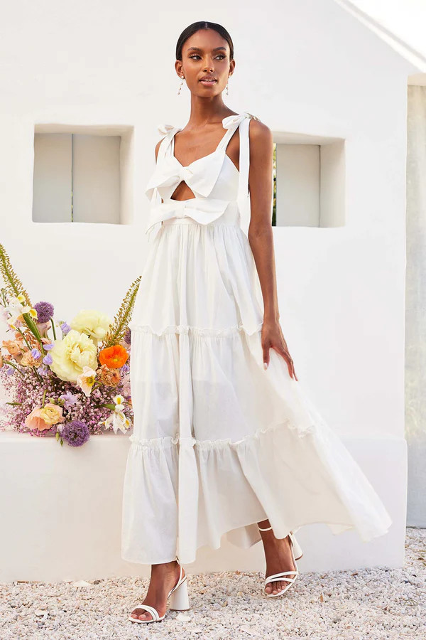 Tiered Maxi Dress with Bowtie Detail - White | Birdy Grey