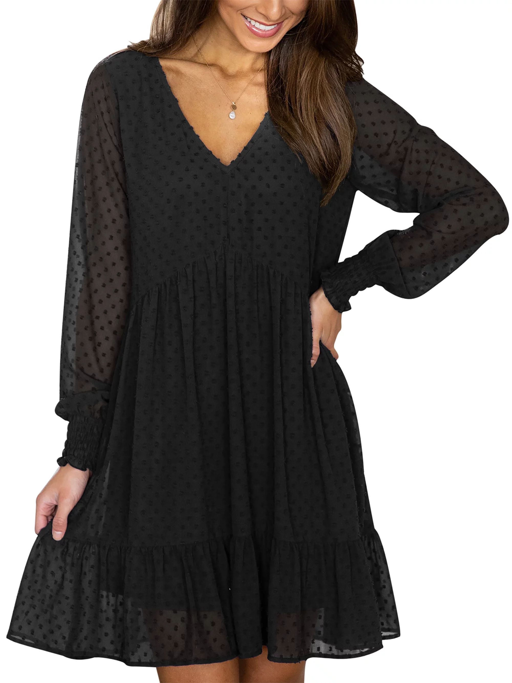 SHIBEVER V Neck Casual Mini Dress for Women Fall Long Sleeve Loose Chiffon Swiss Dot Short Dresse... | Walmart (US)