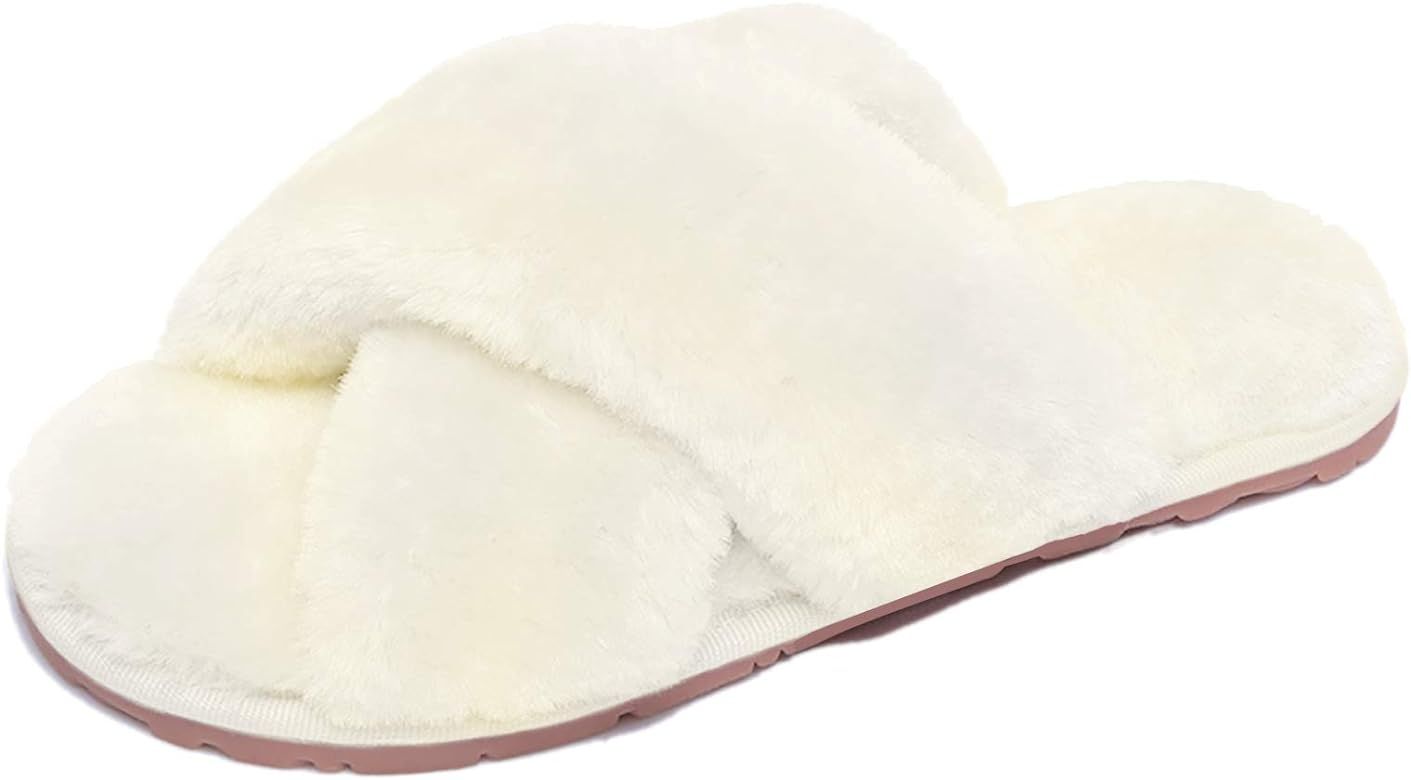 Husmeu Women's Cross Band Fuzzy Slippers Open Toe Comfy Soft Plush Rubber Sole House Shoese Indoor O | Amazon (US)