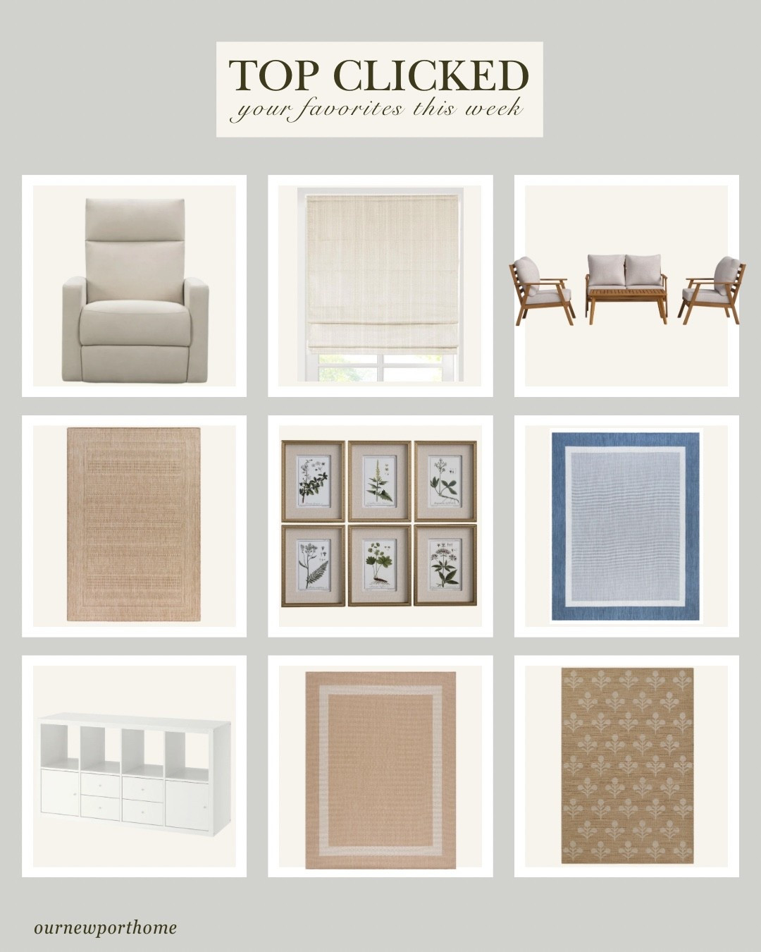 You all had good taste last week 🤍 These were the most-clicked home finds across everything I shared - from the nursery glider and roman shades to outdoor rugs, patio furniture, and playroom storage that actually works for real life.@Wayfair 






top clicked home finds, best selling home decor, nursery glider, outdoor area rugs, roman shades, woven wood shades, gallery wall art, playroom storage ideas, toy organization for kids, outdoor furniture sets, affordable home decor, neutral home decor, target home finds, designer look for less home decor

#LTKHome #LTKmomlife #LTKBump