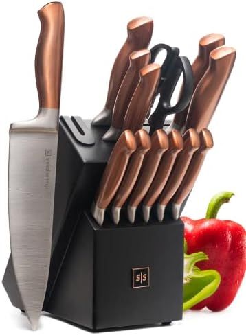 Copper Knife Set with Block - 14 PC Self Sharpening Knife Block Set - Rose Gold Knife Set & Black... | Amazon (US)