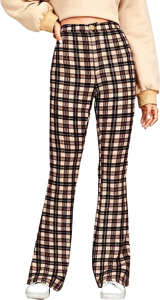 Milumia Women's High Waisted Tartan Plaid Pants Slit Hem Flare Leg Trousers | Amazon (US)