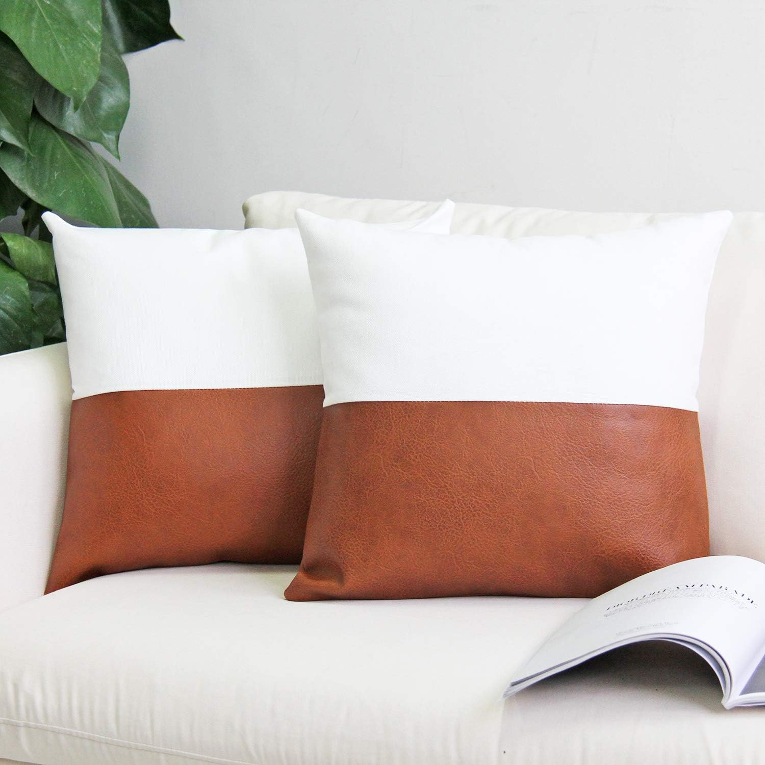 JOJUSIS Modern Leather and Cotton Throw Pillow Covers for Couch Sofa Bed Set of 2 18 x 18 Inch 10... | Amazon (US)