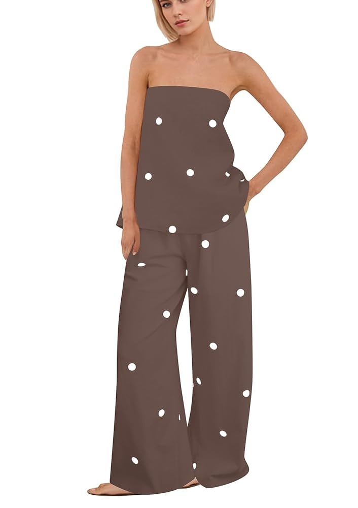 Women Polka Dot 2 Piece Outfits Spot Strapless Tube Top High Waist Wide Leg Pants Lounge Set Summ... | Amazon (US)