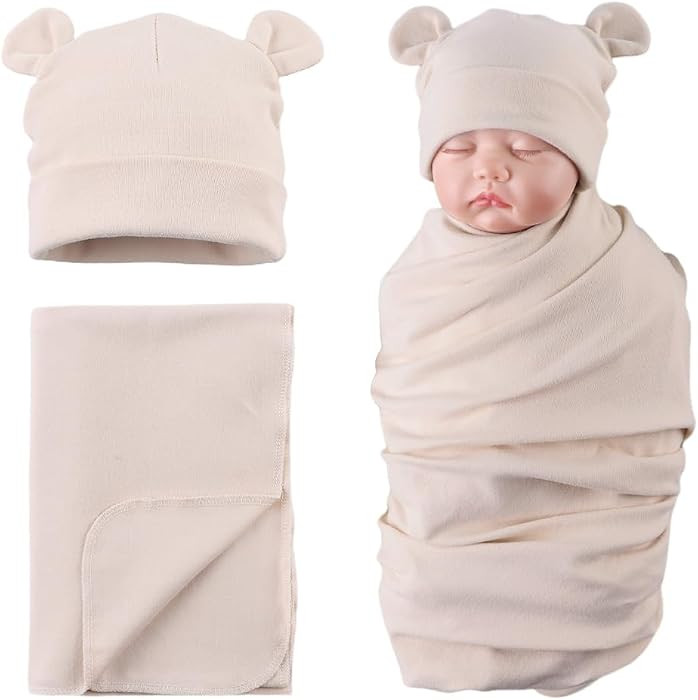 PESAAT Cotton Baby Swaddle Hat Set Newborn Infant Hats Receiving Blankets for Baby Boys Girls | Amazon (US)