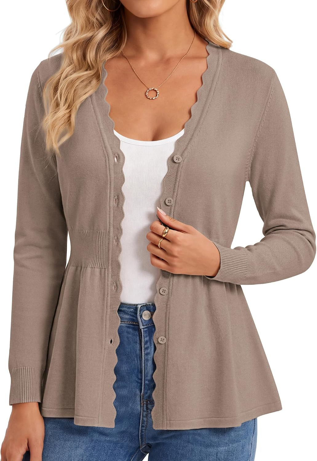 GRACE KARIN Cardigan Sweaters for Women Lightweight, Long Sleeve Knit Blazer, V Neck Scalloped Button Up Peplum Tops | Amazon (US)