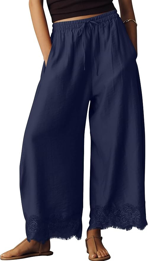 Anoumcy Lace Trim Wide Leg Pants for Women 2026 Spring Summer Cropped Lightweight Casual Pants | Amazon (US)