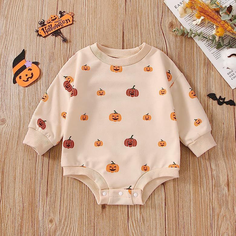 Halloween Baby Girl Boy Clothes Pumpkin Romper Sweatshirt Onesie Long Sleeve Bodysuit Top Fall Winte | Amazon (US)