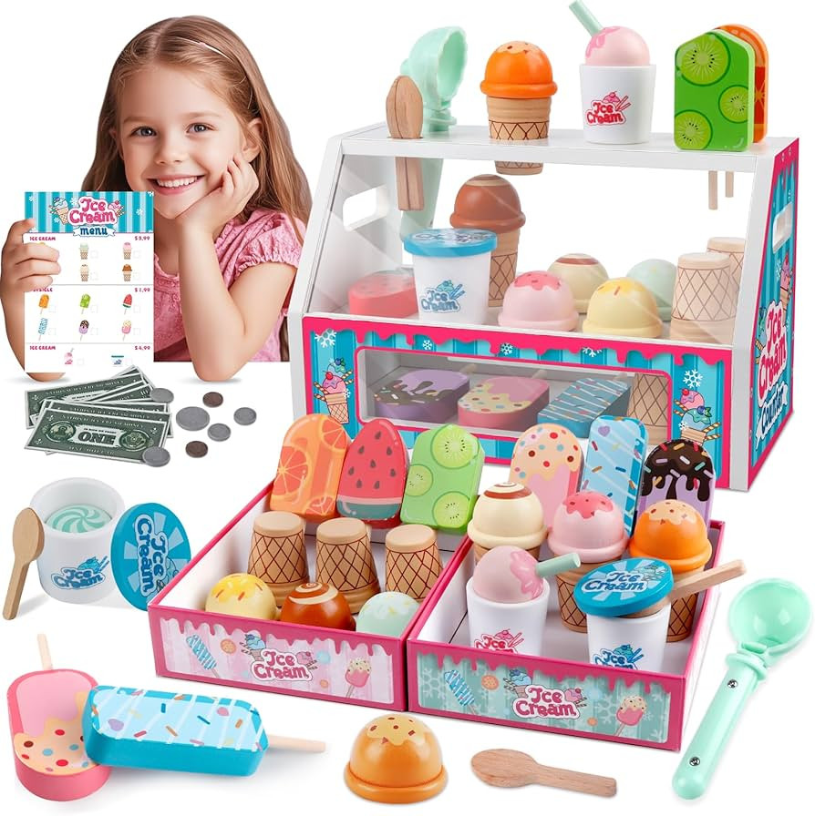 Ice Cream Toys, Wooden Ice Cream Play Set, Pretend Play Toys, 46 Pcs Wooden Play Kitchen Accessor... | Amazon (US)