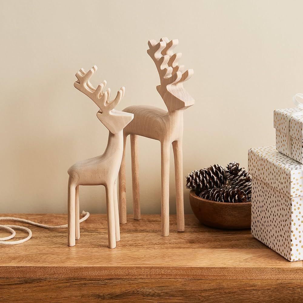LampLust Christmas Deer Decorations Reindeer Decor, Set of 2 Wooden Deer Figurines, 9 Inch and 10... | Amazon (US)