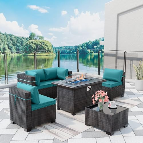 ASJMR Outdoor Patio Furniture with Fire Pit Table, 6 Pieces Outdoor Furniture Patio Sectional Sofa PE Rattan Conversation Sets w/43 Propane Gas Firepit & Coffee Table for Outside - Teal. | Amazon (US)