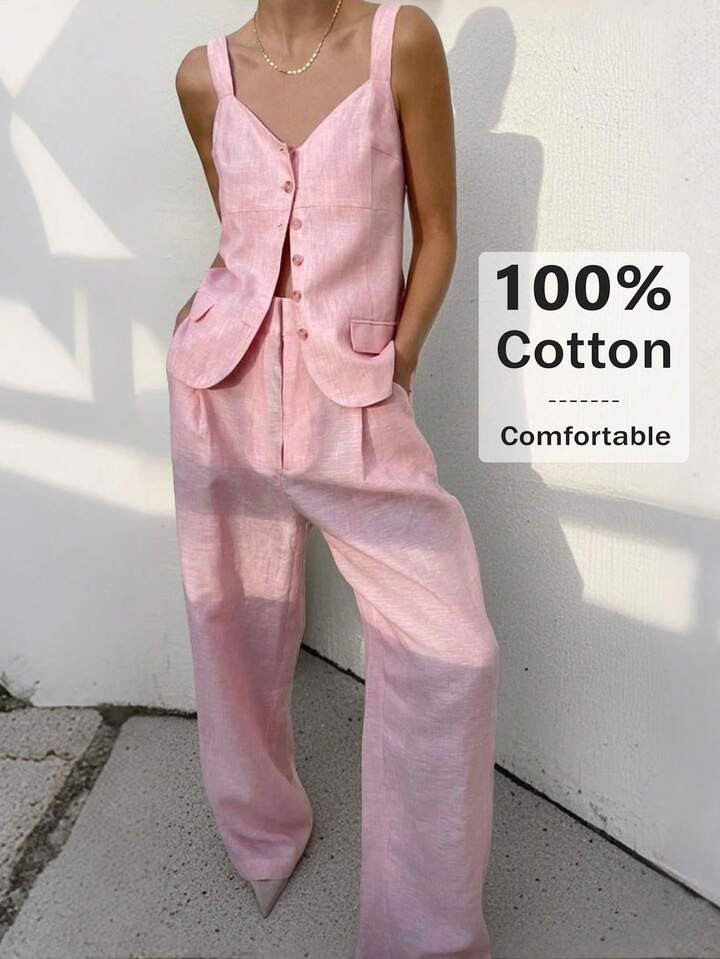 Conjuntos De Verano De Lujo Silencioso Para Mujeres 2025: Conjunto De Dos Piezas De Color Rosa Claro Inspirado En Coachella - Camisa Sin Mangas De Frente Abierto Y Pantalones De Pierna Ancha, Mezcla De Lino Transpirable De Estilo Business Casual, Ropa De Resort Lista Para El Festival Para Brunch, Elegancia De Oficina Y Accesorios Esenciales Para Cruceros | SHEIN