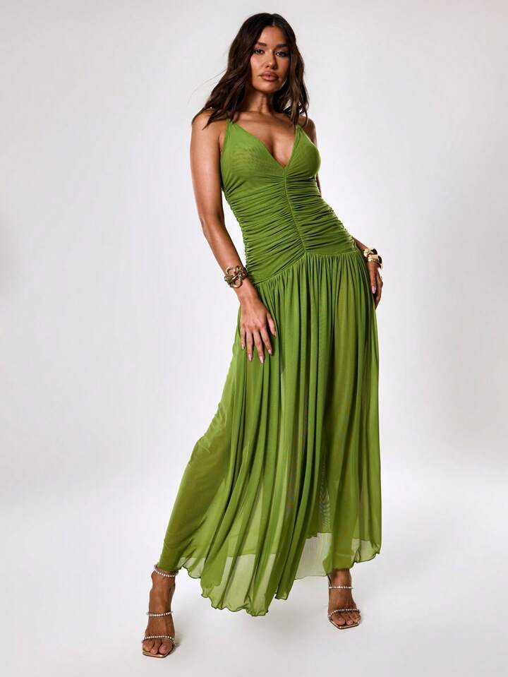 MUSERA Ruched Front Plunge Maxi Dress Vacation Spring Summer Prom Graduation Birthday Occasion  | SHEIN