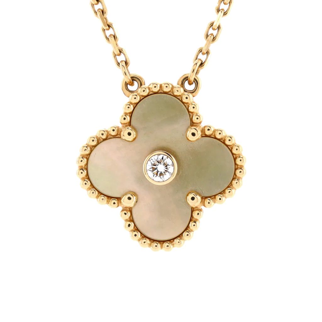 Vintage Alhambra Pendant Necklace 18K Yellow Gold and Gold Mother of Pearl with Diamond | Rebag