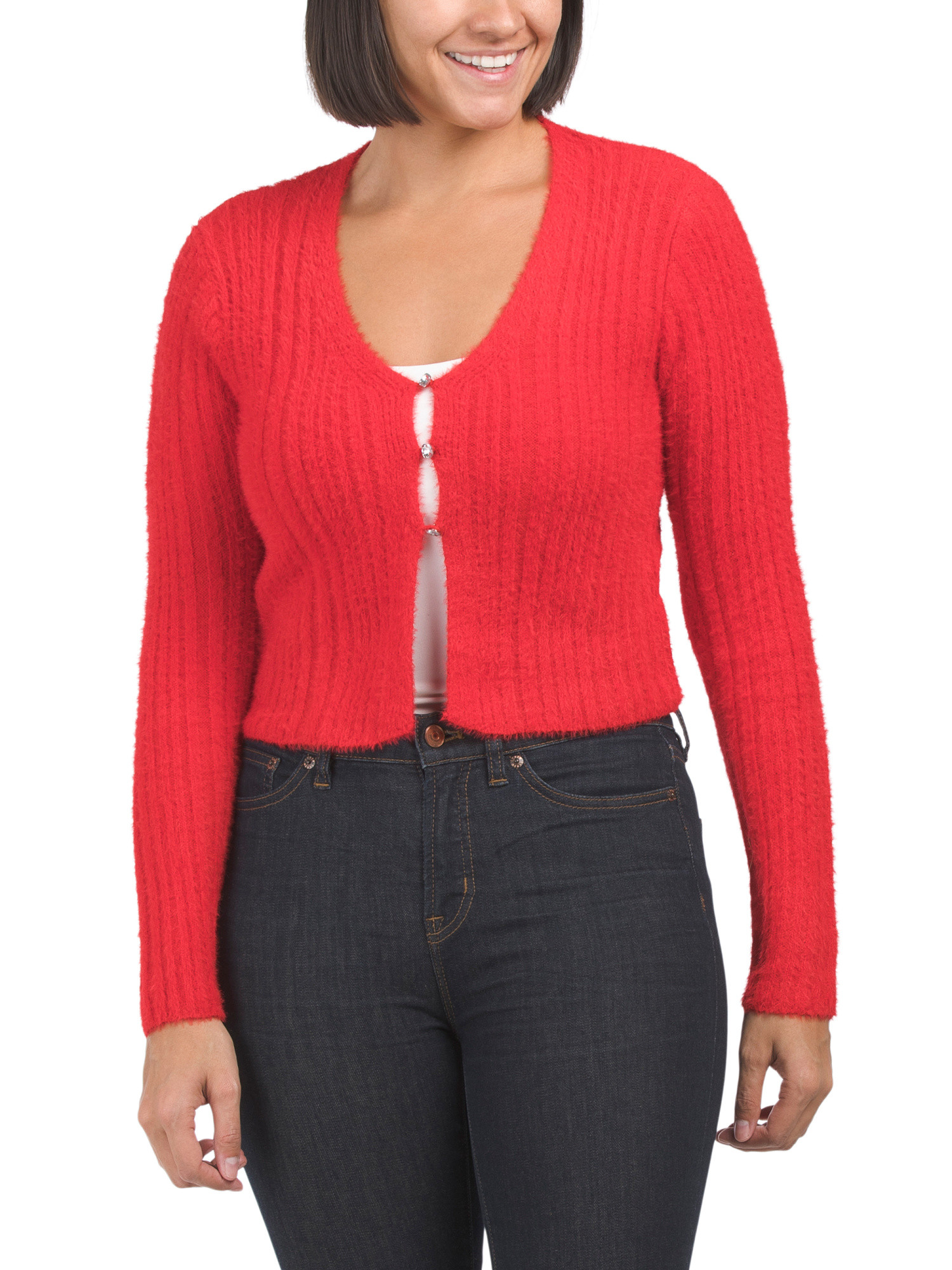 Long Sleeve Panel Ribbed 3 Button Mini Eyelash Cardigan | TJ Maxx